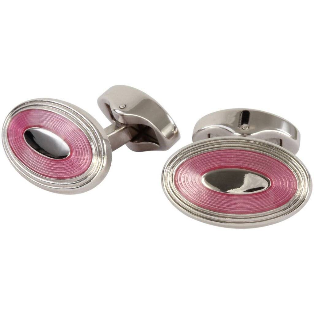 Pink Enamel Oval Sterling Silver Cufflinks - Leonard Silver - pair, front and fold-over back