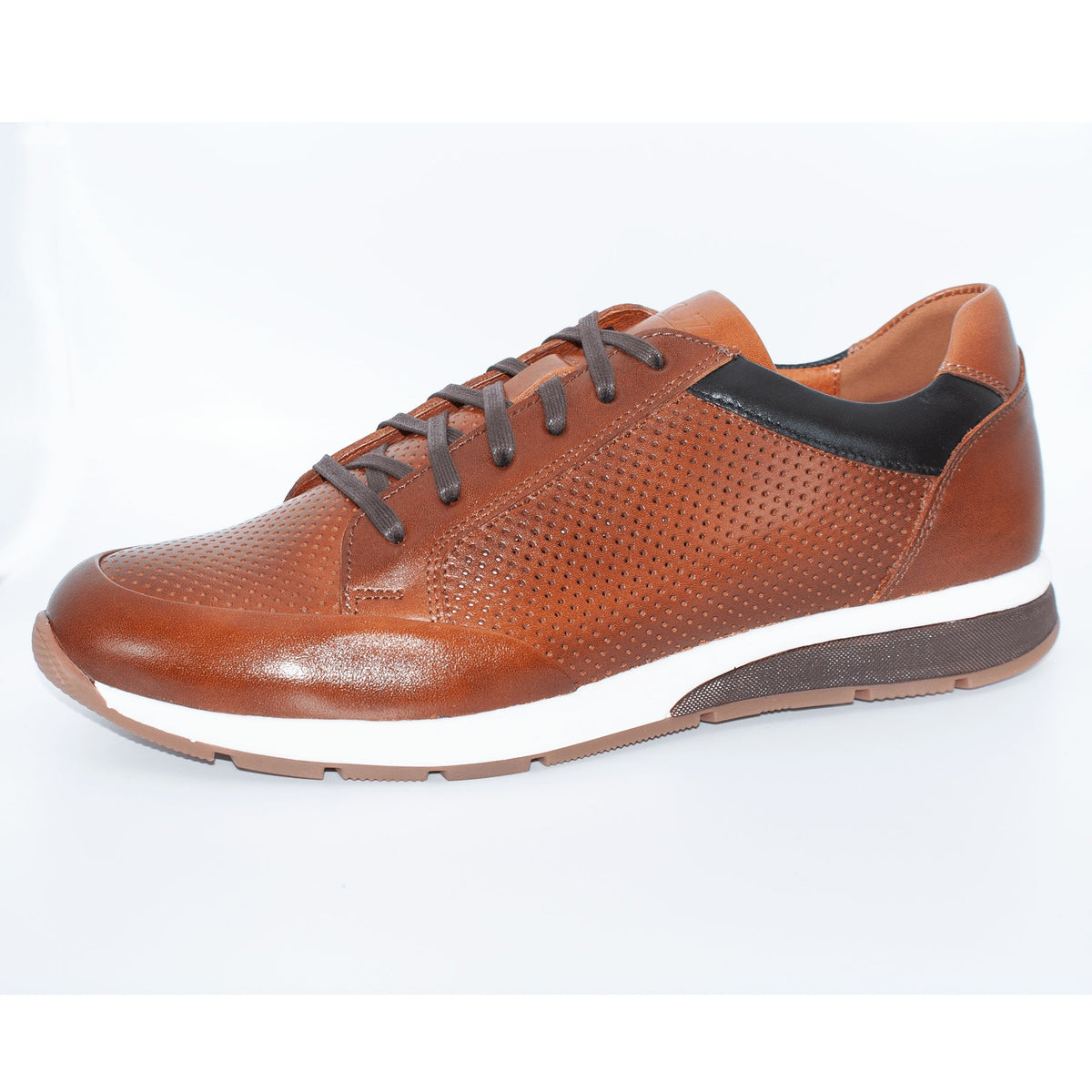 Perforated Brown Leather Trainer - Lacuzzo