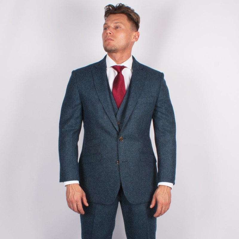 Pure Wool Herringbone Tweed Jacket In Blue - Torre