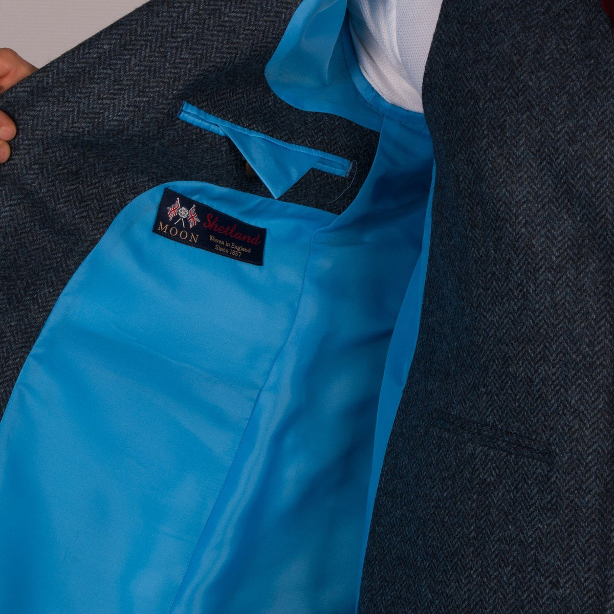 Pure Wool Herringbone Tweed Jacket In Blue - Torre