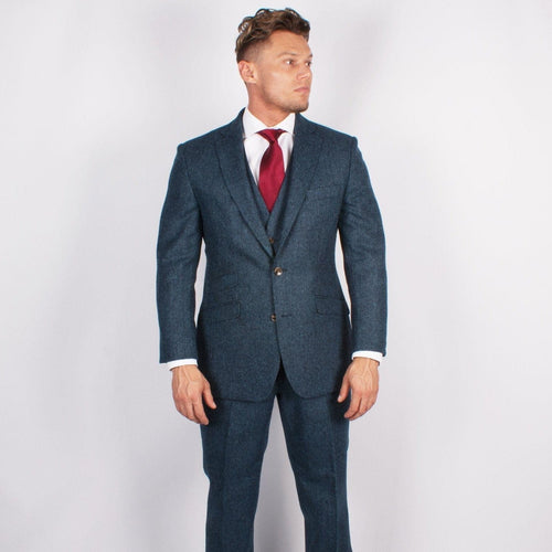 Pure Wool Herringbone Tweed Jacket In Blue - Torre