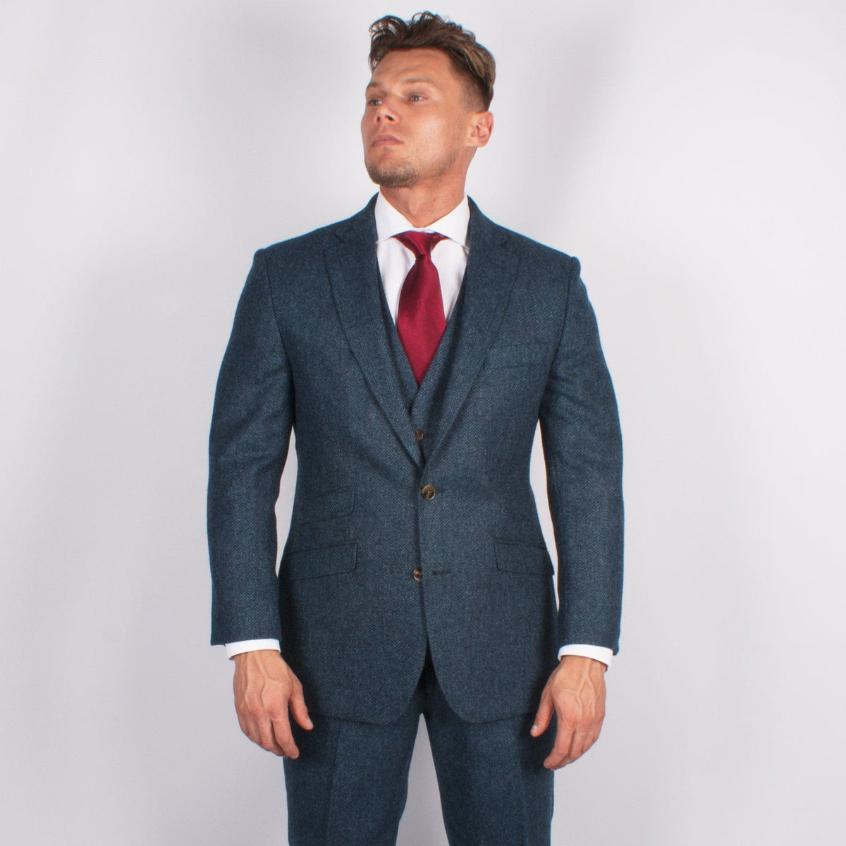 Pure Wool Herringbone Tweed Suit In Blue Leonard Silver