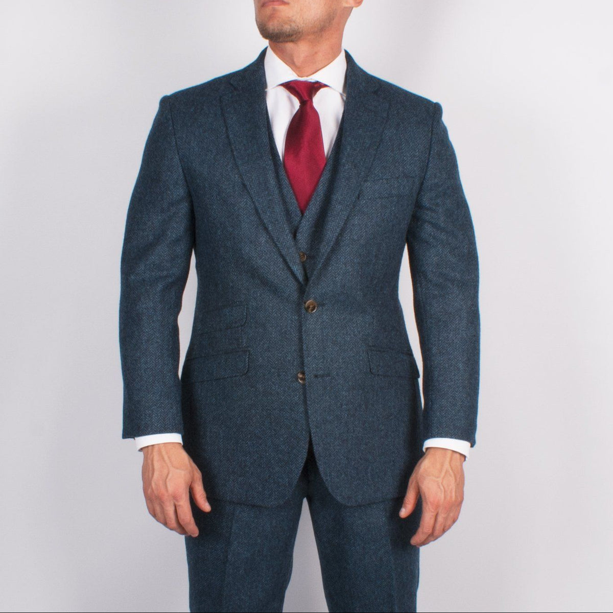 Pure Wool Herringbone Tweed Suit In Blue - Torre