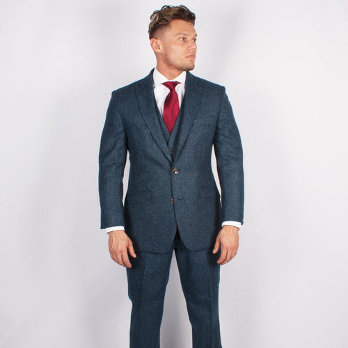 Pure Wool Herringbone Tweed Suit In Blue - Torre