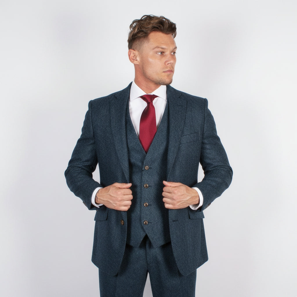 Pure Wool Herringbone Tweed Suit In Blue - Torre