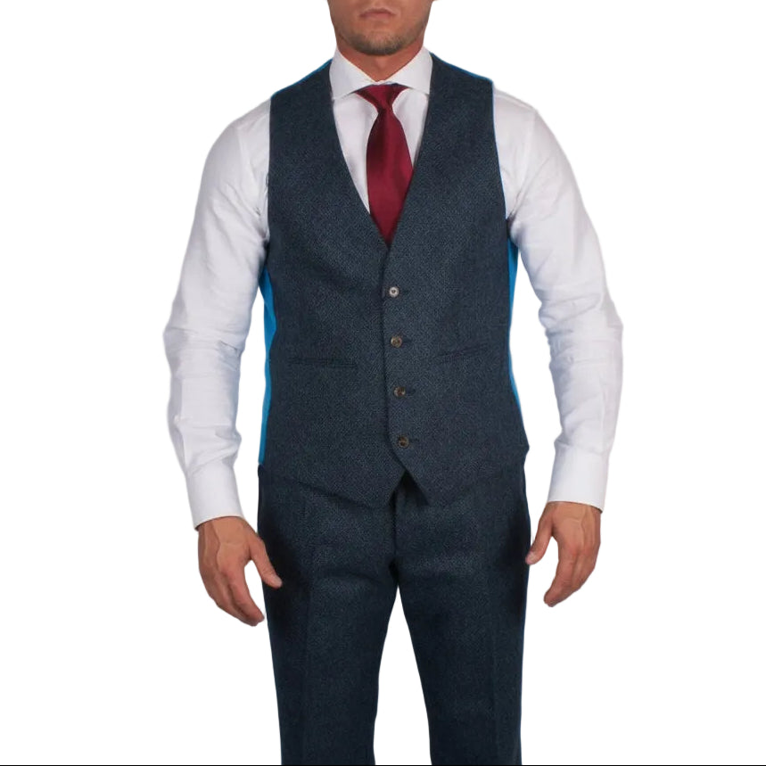 Pure Wool Herringbone Tweed Suit In Blue - Torre