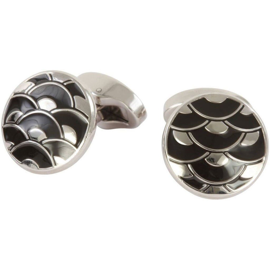 Black Enamel Wave Sterling Silver Round Cufflinks - Leonard Silver - pair showing face and bar back
