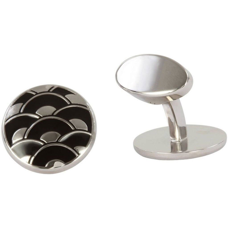 Round Enamel Wave Aster Black Cufflinks - Leonard Silver