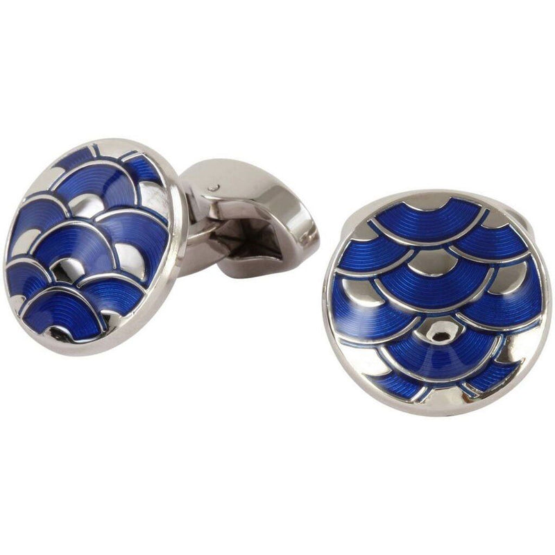 Round Enamel Wave Aster Blue Cufflinks - Leonard Silver