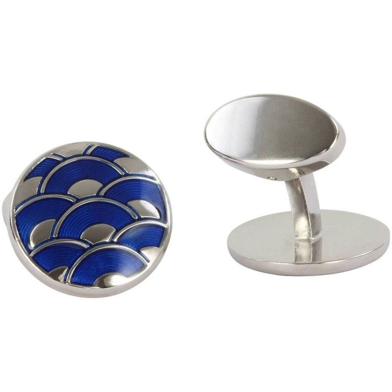 Round Enamel Wave Aster Blue Cufflinks - Leonard Silver