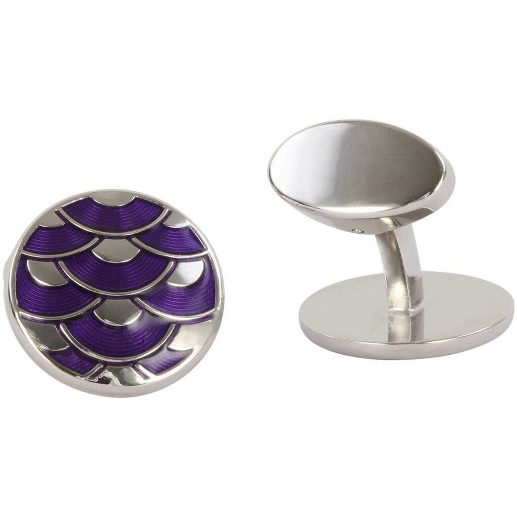 Purple Enamel Wave Round Sterling Silver Cufflinks - Leonard Silver - front and side view of back