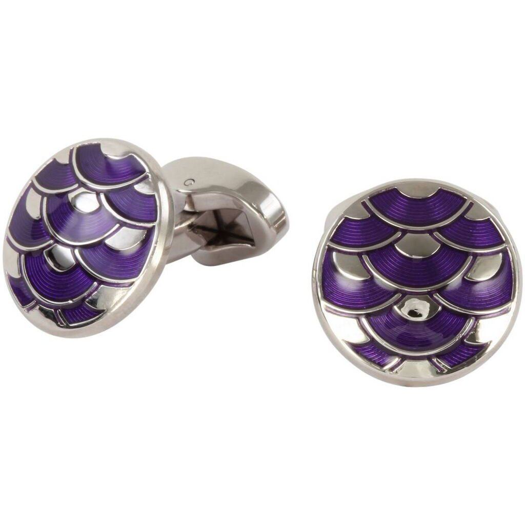 Purple Enamel Wave Round Sterling Silver Cufflinks - Leonard Silver - pair showing face and fitting