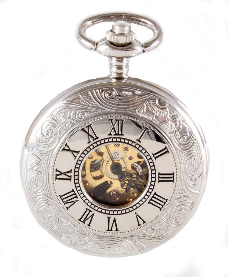 Silver Patterned Hunter Mechanical Pocket Watch - Leonard Silver