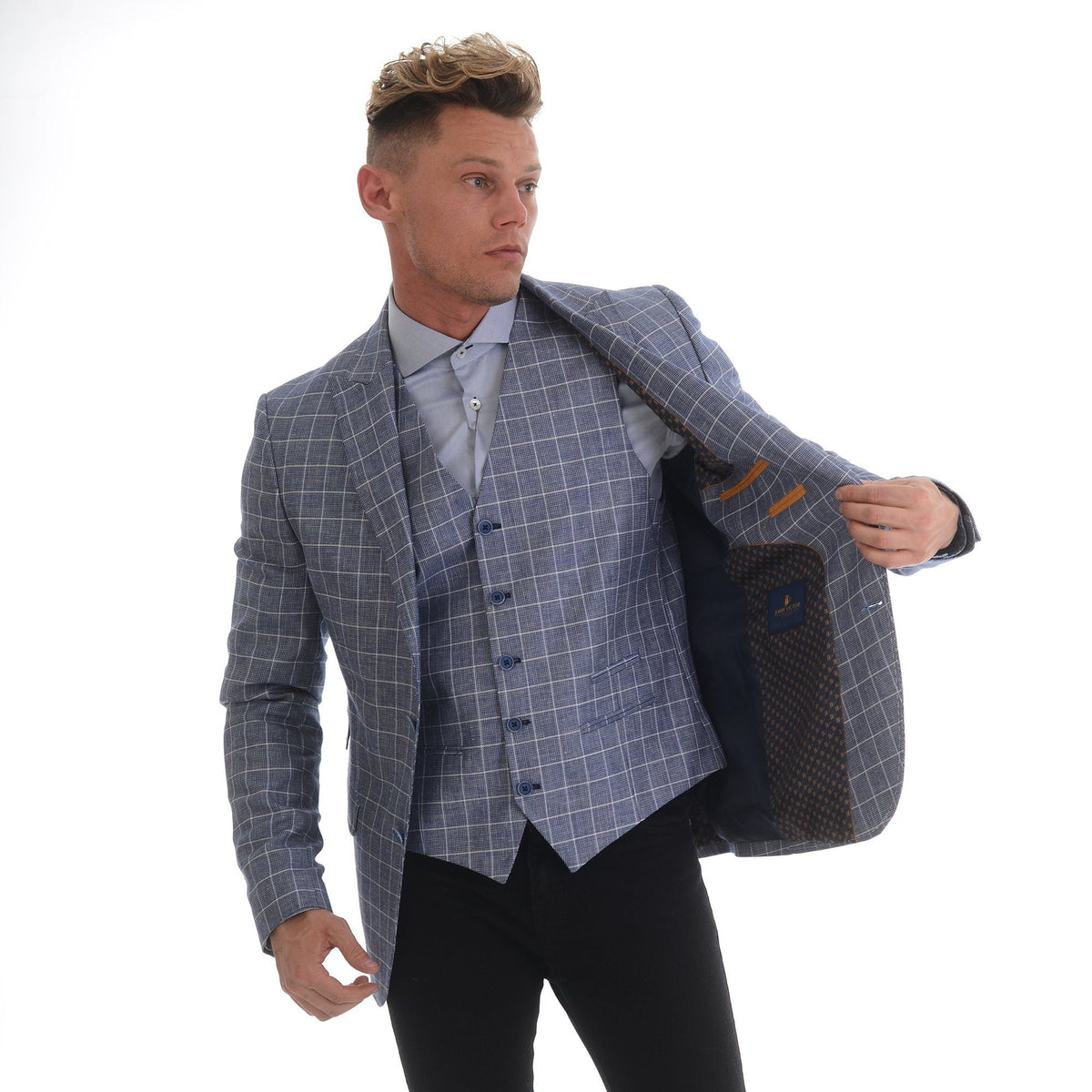 Sky Blue Linen Check Blazer - John Victor