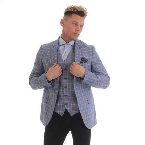 Sky Blue Linen Check Blazer - John Victor