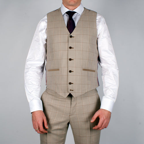 Tan Multi Check waistcoat - Guide Clothing