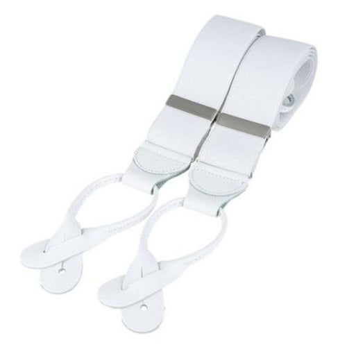 White Rolled Leather Button Braces - Leonard Silver